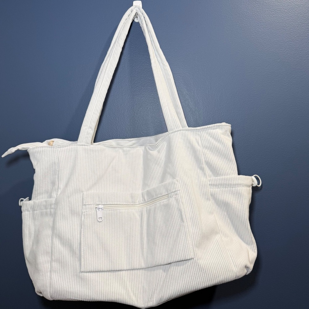 White Corduroy Tote Bag Multi Pocket Laptop Work Travel Shoulder Bag 15.8in